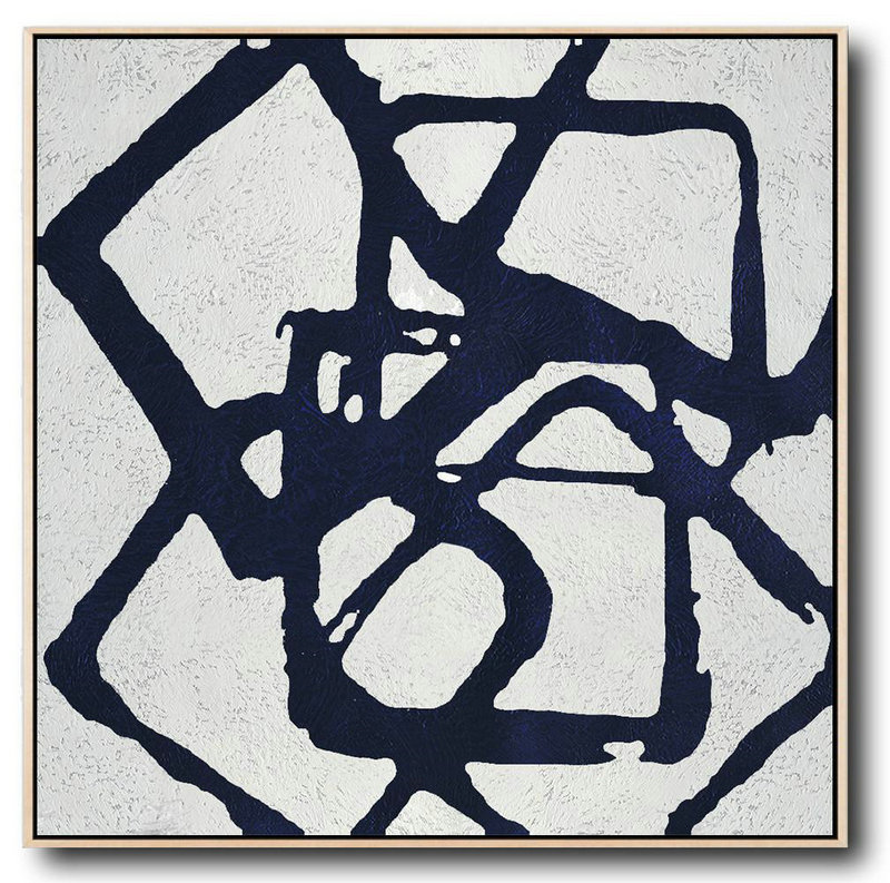 Extra Large Abstract Painting On Canvas,Minimalist Navy Blue And White Painting,Original Art Acrylic Painting